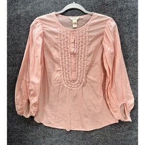 Sundance Pintuck Cotton Top Womens Small Pink Metallic Puff Sleeve Keyhole Neck